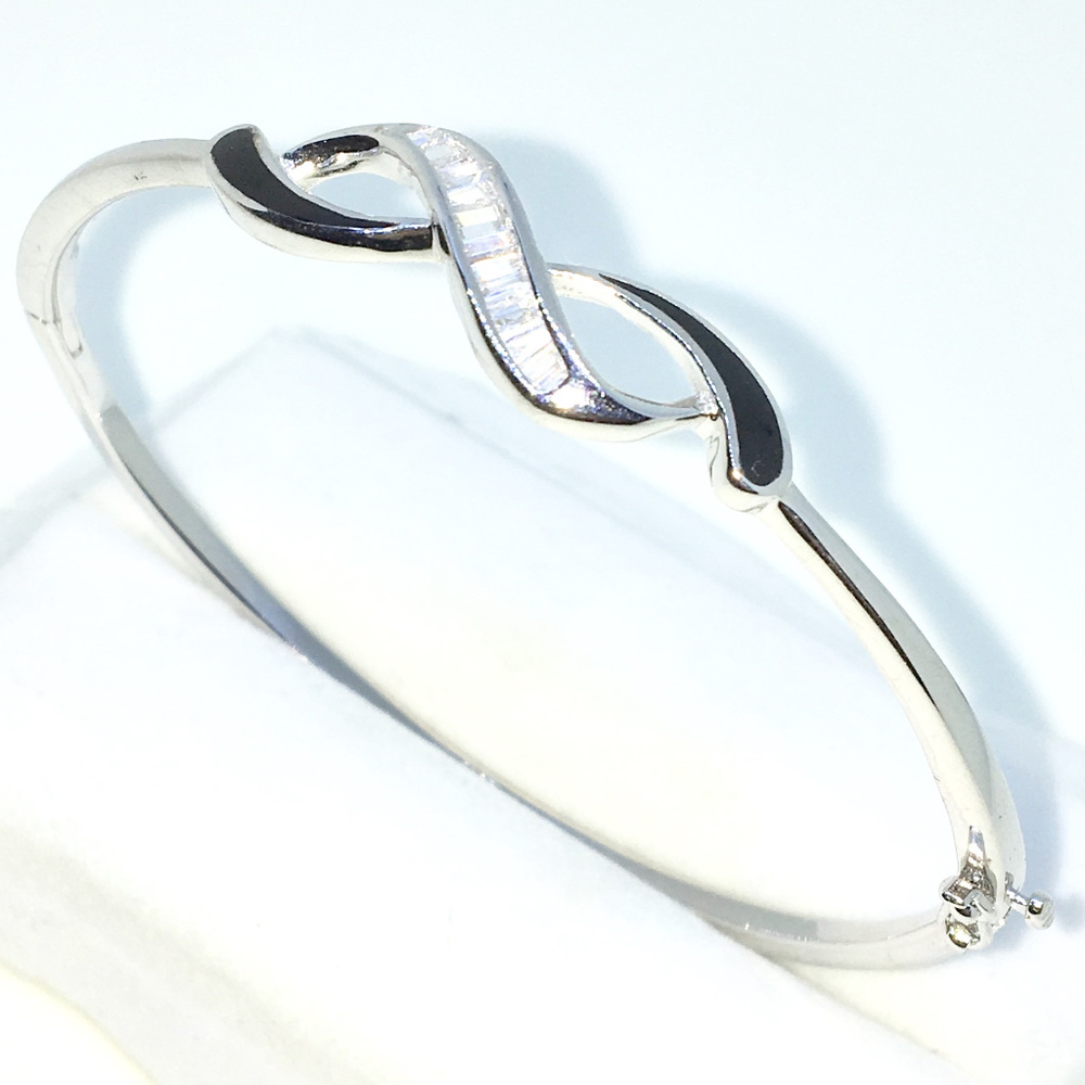 Silver Oval Bangle Bracelet White Emerald CZ curl